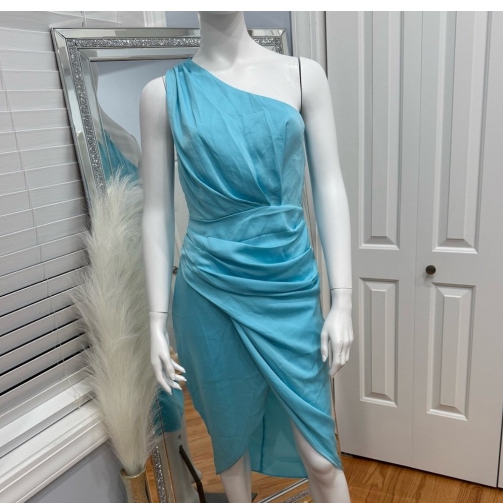 DO+BE Turquoise Blue One Shoulder Draped Ruched Tulip Midi Dress Sz Small NWT